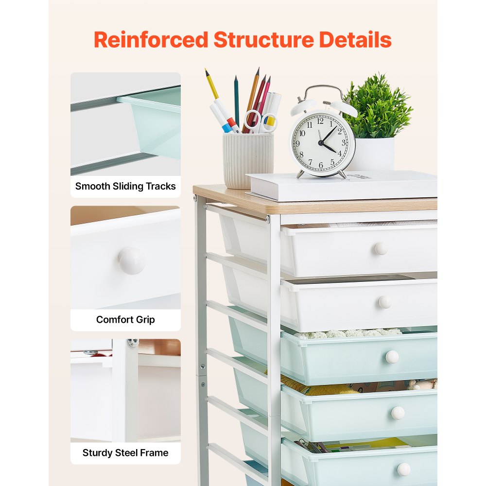 VEVOR Rolling Cart with Drawers, 8 Drawer Storage Organizer, Mobile Utility Cart with Wood Top, Steel Frame, Universal Casters & 2 Brakes, for Office, Classroom, Craft Supplies, Bedroom, Green Blue