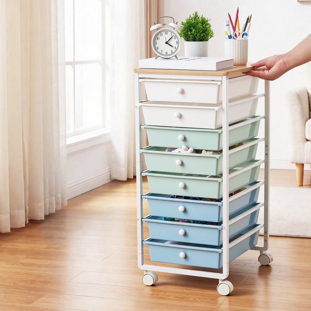VEVOR Rolling Cart with Drawers, 8 Drawer Storage Organizer, Mobile Utility Cart with Wood Top, Steel Frame, Universal Casters & 2 Brakes, for Office, Classroom, Craft Supplies, Bedroom, Green Blue
