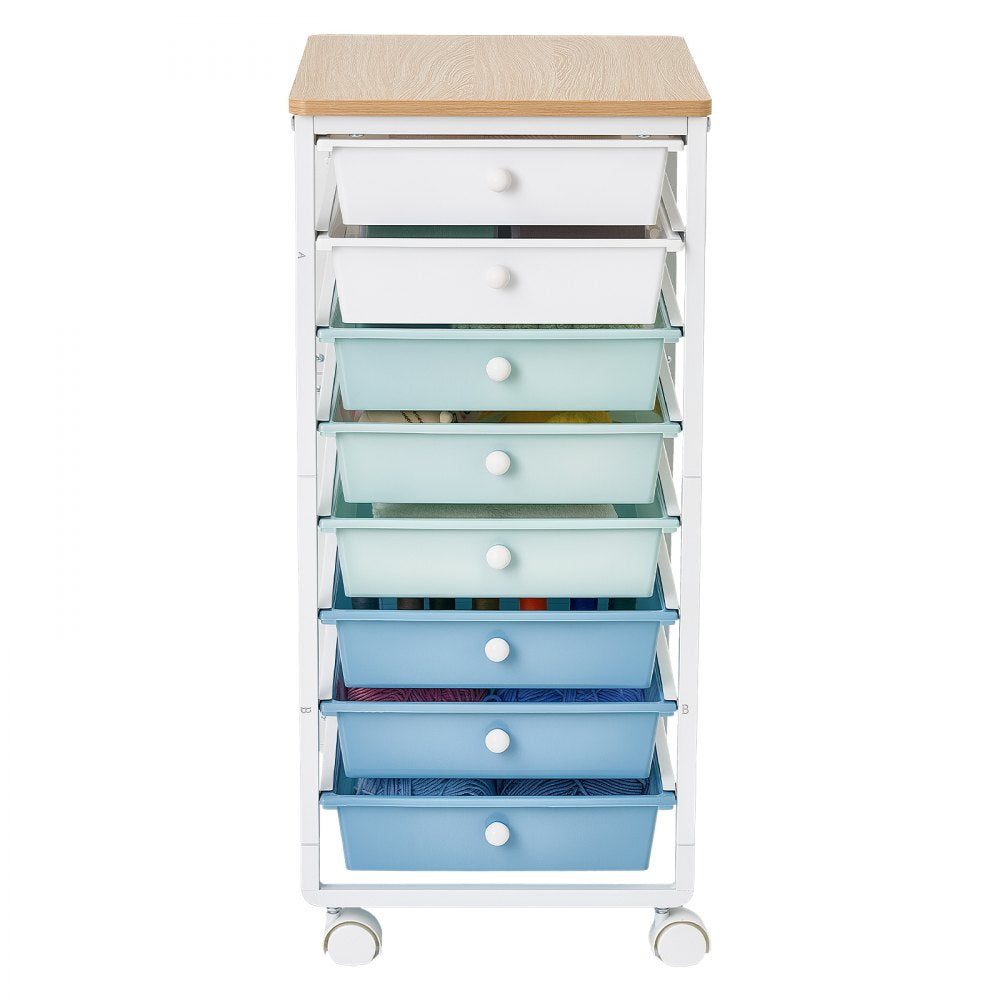 VEVOR Rolling Cart with Drawers, 8 Drawer Storage Organizer, Mobile Utility Cart with Wood Top, Steel Frame, Universal Casters & 2 Brakes, for Office, Classroom, Craft Supplies, Bedroom, Green Blue