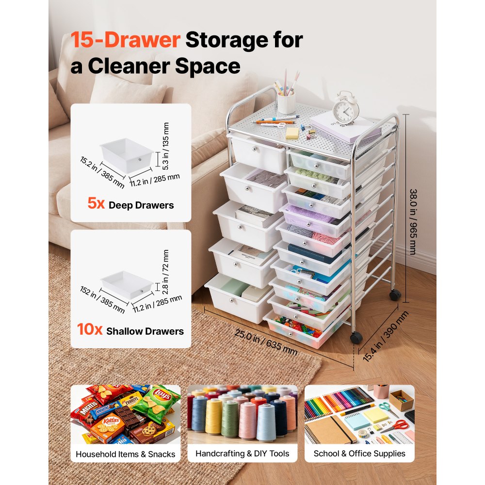VEVOR Rolling Cart with Drawers, Double Row 15 Drawer Storage Organizer, Mobile Utility Cart with Chrome Steel Frame, Universal Casters & 2 Brakes, for Office, Classroom, Craft Room, Studio, Garage