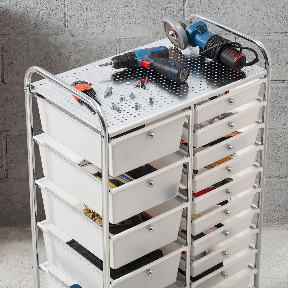 VEVOR Rolling Cart with Drawers, Double Row 15 Drawer Storage Organizer, Mobile Utility Cart with Chrome Steel Frame, Universal Casters & 2 Brakes, for Office, Classroom, Craft Room, Studio, Garage