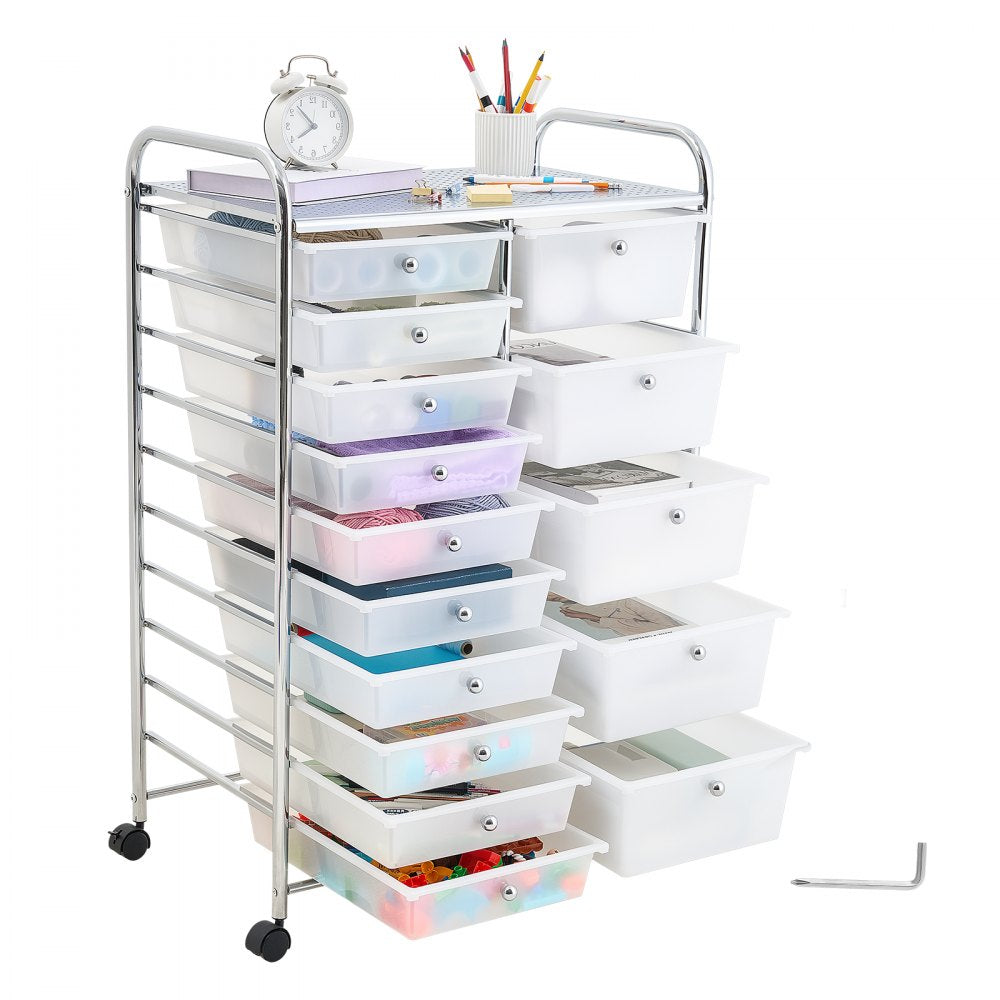 VEVOR Rolling Cart with Drawers, Double Row 15 Drawer Storage Organizer, Mobile Utility Cart with Chrome Steel Frame, Universal Casters & 2 Brakes, for Office, Classroom, Craft Room, Studio, Garage