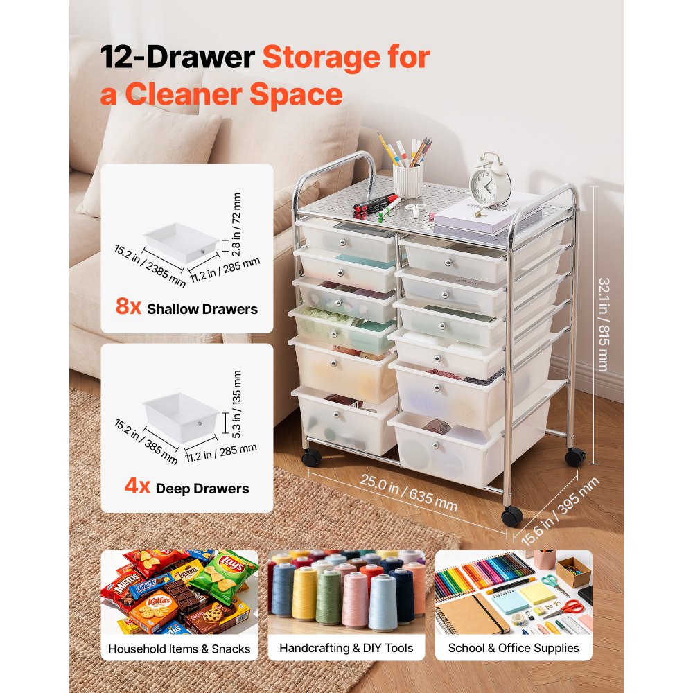 VEVOR Rolling Cart with Drawers, Double Row 12 Drawer Storage Organizer, Mobile Utility Cart with Chrome Steel Frame, Universal Casters & 2 Brakes, for Office, Classroom, Craft Room, Studio, Garage