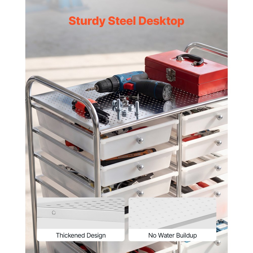 VEVOR Rolling Cart with Drawers, Double Row 12 Drawer Storage Organizer, Mobile Utility Cart with Chrome Steel Frame, Universal Casters & 2 Brakes, for Office, Classroom, Craft Room, Studio, Garage