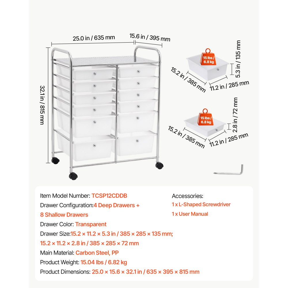 VEVOR Rolling Cart with Drawers, Double Row 12 Drawer Storage Organizer, Mobile Utility Cart with Chrome Steel Frame, Universal Casters & 2 Brakes, for Office, Classroom, Craft Room, Studio, Garage