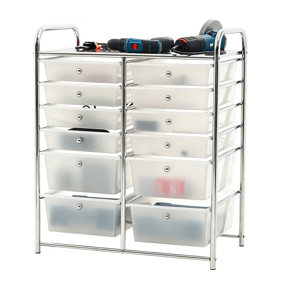 VEVOR Rolling Cart with Drawers, Double Row 12 Drawer Storage Organizer, Mobile Utility Cart with Chrome Steel Frame, Universal Casters & 2 Brakes, for Office, Classroom, Craft Room, Studio, Garage