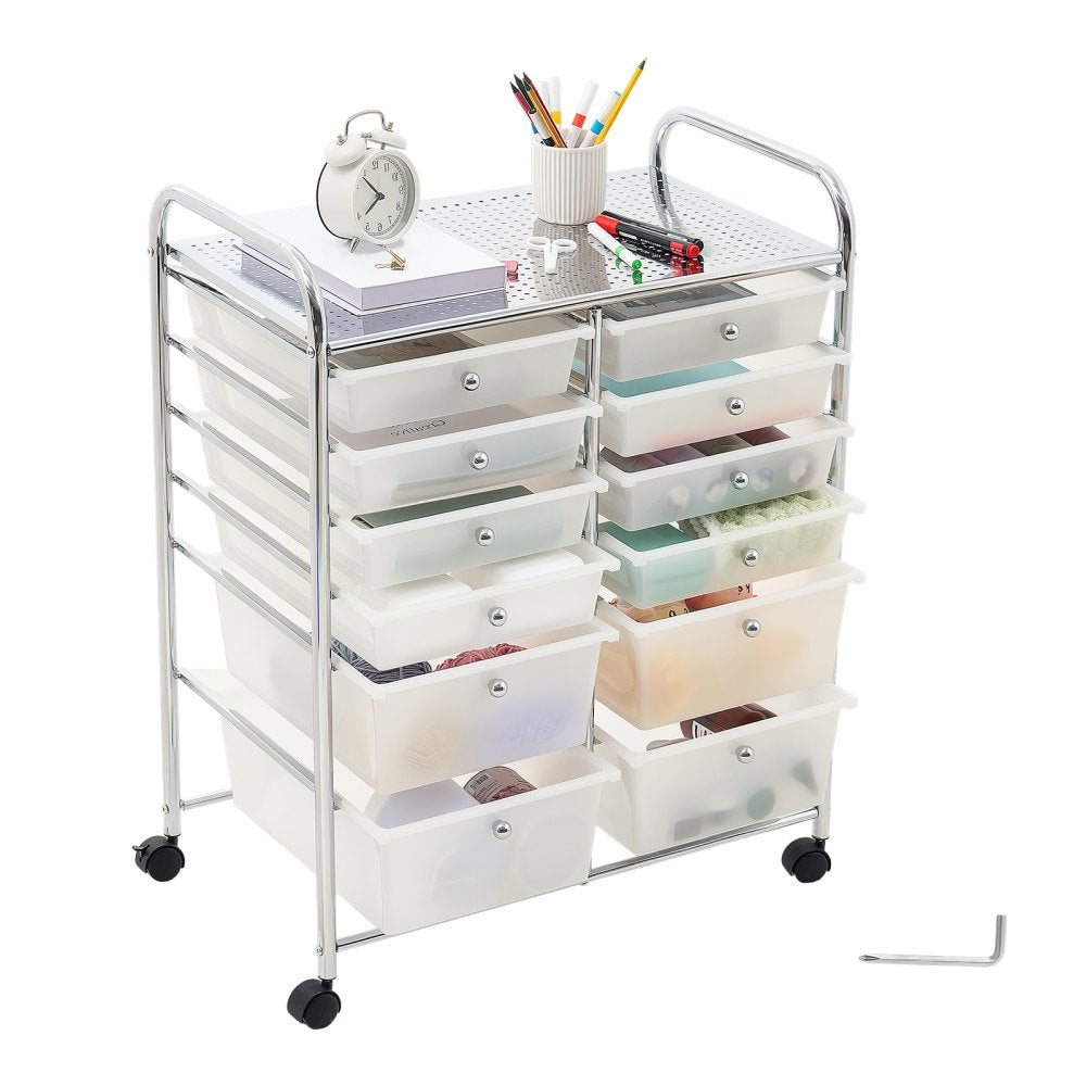 VEVOR Rolling Cart with Drawers, Double Row 12 Drawer Storage Organizer, Mobile Utility Cart with Chrome Steel Frame, Universal Casters & 2 Brakes, for Office, Classroom, Craft Room, Studio, Garage