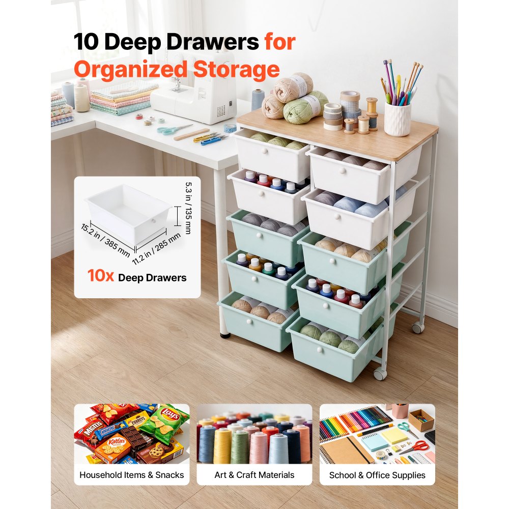 VEVOR Rolling Cart with Drawers, Double Row 10 Drawer Storage Organizer, Mobile Utility Cart, Wood Top, Steel Frame, Universal Casters & 2 Brakes, for Office, Classroom, Craft Room, Studio, Blue White