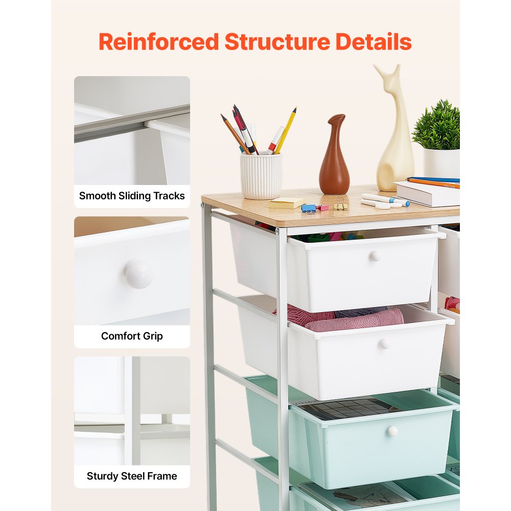 VEVOR Rolling Cart with Drawers, Double Row 10 Drawer Storage Organizer, Mobile Utility Cart, Wood Top, Steel Frame, Universal Casters & 2 Brakes, for Office, Classroom, Craft Room, Studio, Blue White