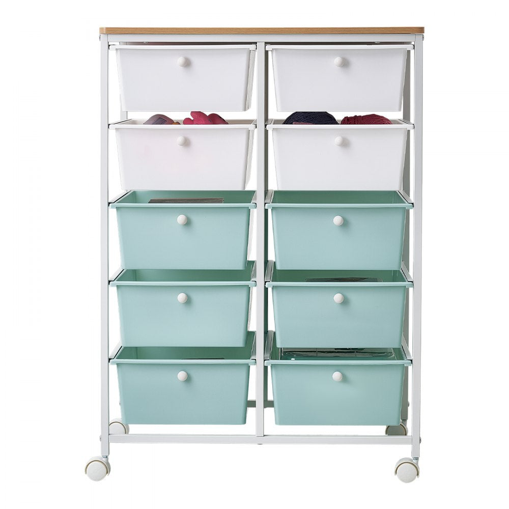 VEVOR Rolling Cart with Drawers, Double Row 10 Drawer Storage Organizer, Mobile Utility Cart, Wood Top, Steel Frame, Universal Casters & 2 Brakes, for Office, Classroom, Craft Room, Studio, Blue White