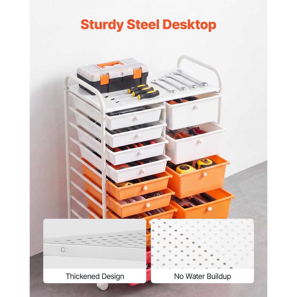 VEVOR Rolling Cart with Drawers, Double Row 15 Drawer Storage Organizer, Mobile Utility Cart, Steel Frame, Universal Casters & 2 Brakes, for Office, Classroom, Craft Room, Studio, Garage, Gradient Red