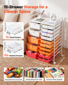 VEVOR Rolling Cart with Drawers, Double Row 15 Drawer Storage Organizer, Mobile Utility Cart, Steel Frame, Universal Casters & 2 Brakes, for Office, Classroom, Craft Room, Studio, Garage, Gradient Red