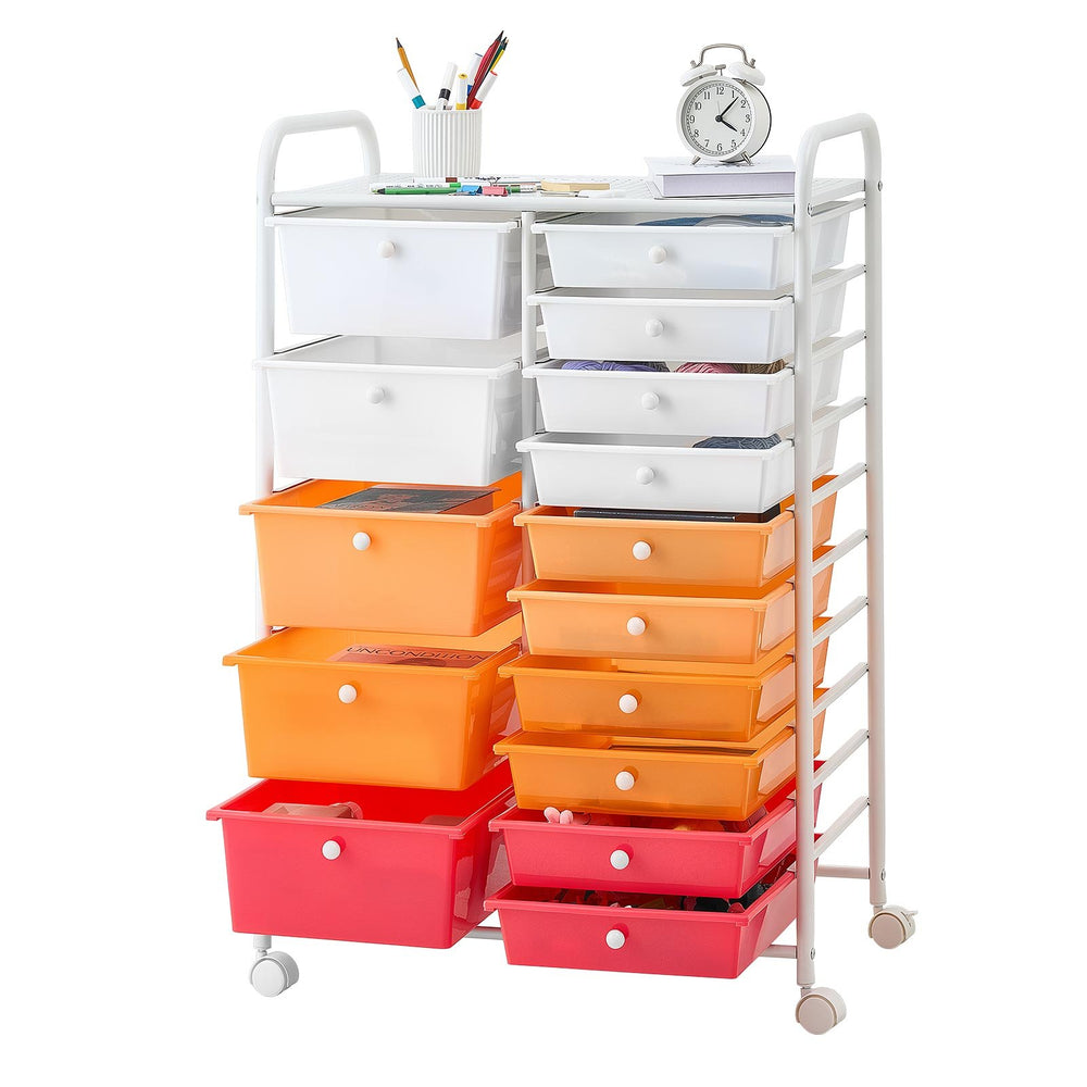 VEVOR Rolling Cart with Drawers, Double Row 15 Drawer Storage Organizer, Mobile Utility Cart, Steel Frame, Universal Casters & 2 Brakes, for Office, Classroom, Craft Room, Studio, Garage, Gradient Red