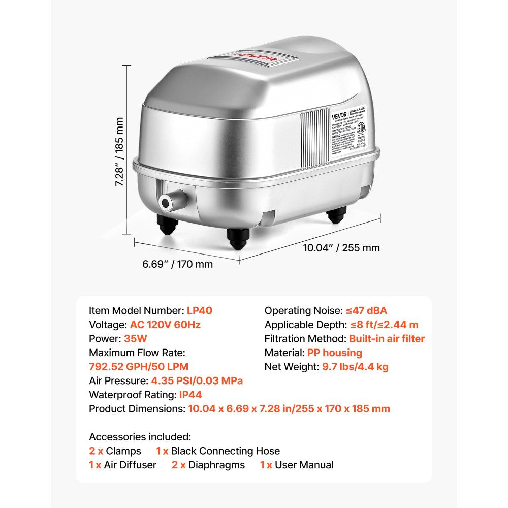 VEVOR Linear Air Pump, 792.52 GPH Air Flow, Septic Aerator Pump, Aeration System for 8 ft Deep Ponds, Fit for Septic Tanks, Aquariums, Waste Treatment, Seafood Restaurants, Fish Farms, Hydroponics