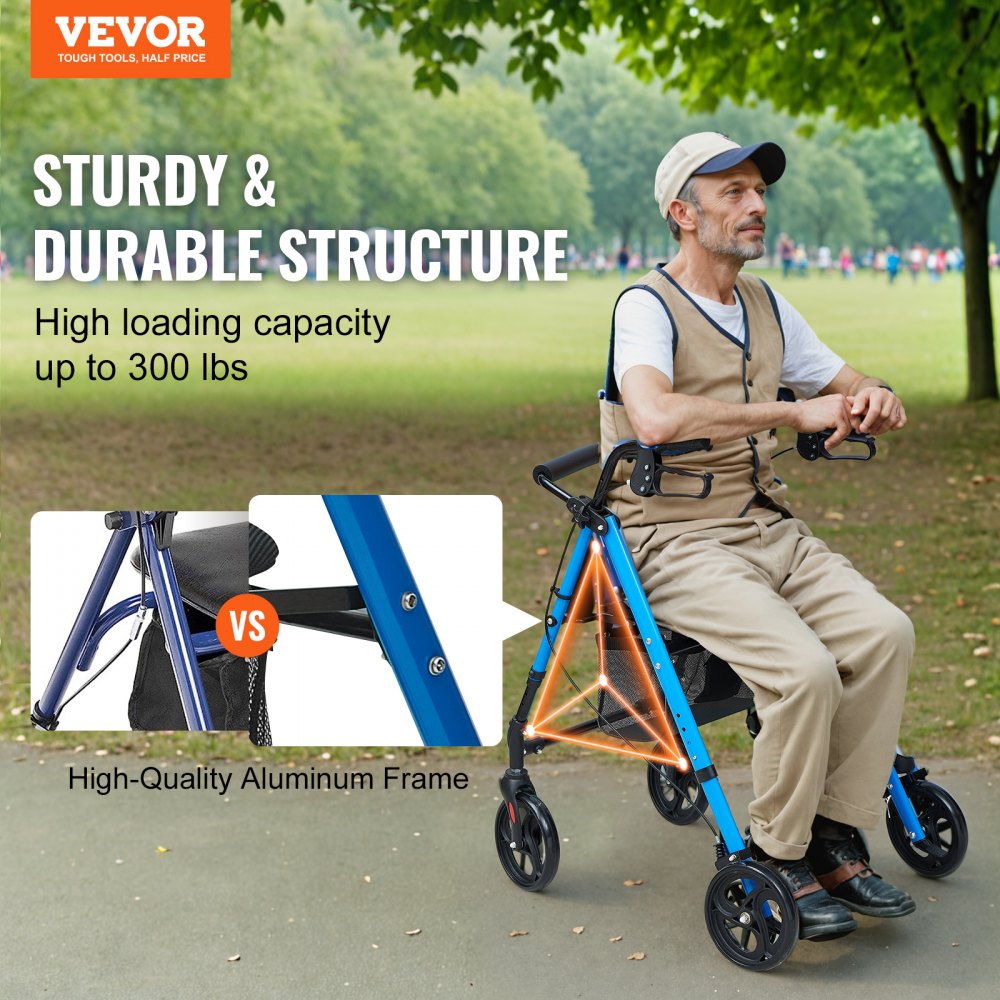VEVOR Rollator Walker for Seniors and Adult, Lightweight Aluminum Foldable Rolling Walker with Adjustable Seat and Handle, Outdoor Mobility Rollator Walker with 8" All Terrain Wheels, 300LBS Capacity