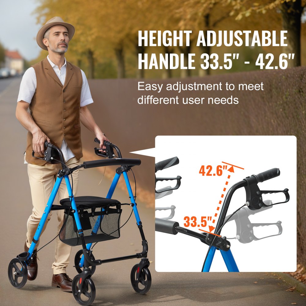VEVOR Rollator Walker for Seniors and Adult, Lightweight Aluminum Foldable Rolling Walker with Adjustable Seat and Handle, Outdoor Mobility Rollator Walker with 8" All Terrain Wheels, 300LBS Capacity