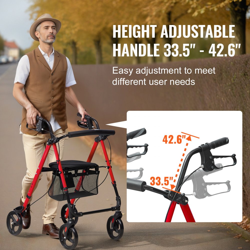 VEVOR Rollator Walker for Seniors and Adult, Lightweight Aluminum Foldable Rolling Walker with Adjustable Seat and Handle, Outdoor Mobility Rollator Walker with 8" All Terrain Wheels, 300LBS Capacity