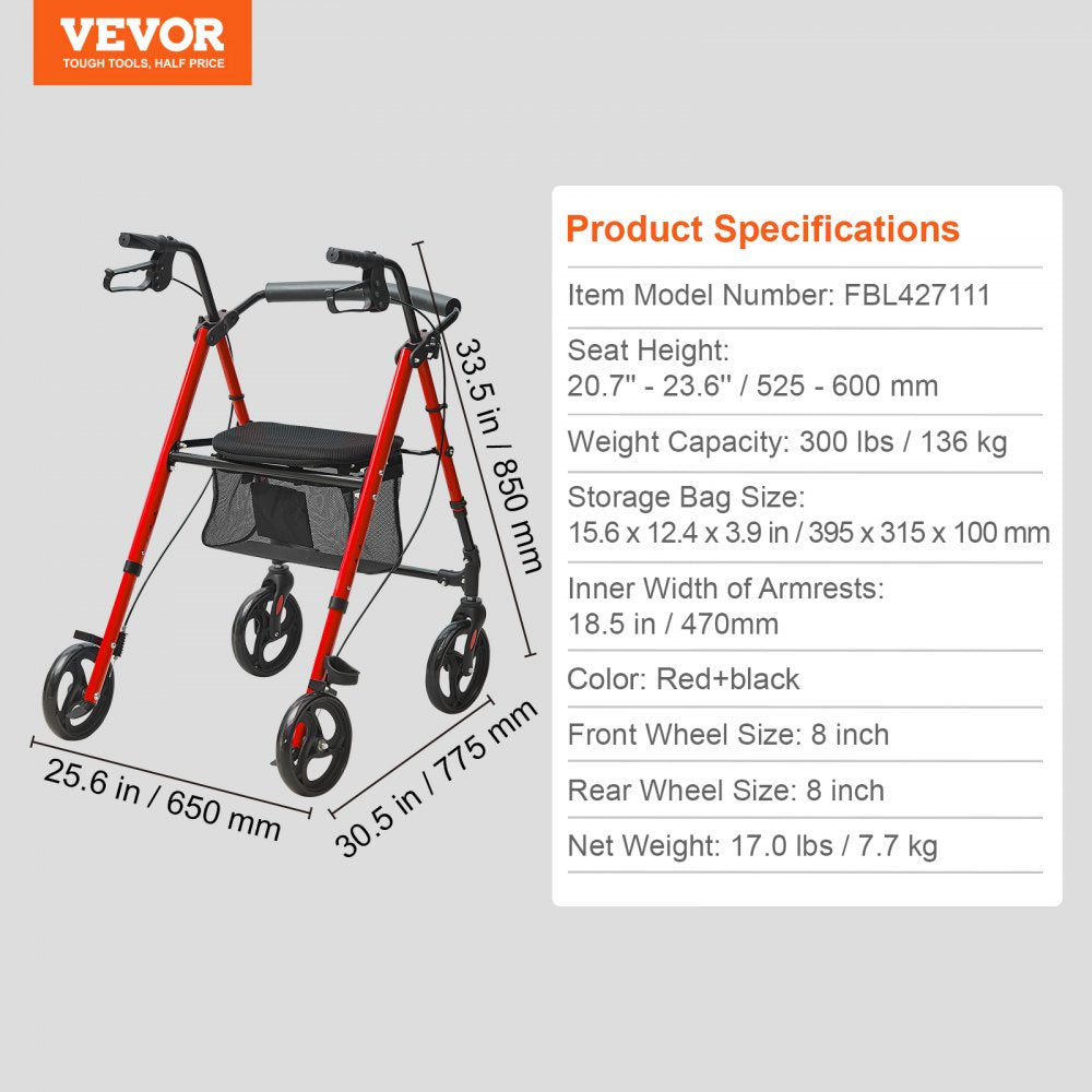 VEVOR Rollator Walker for Seniors and Adult, Lightweight Aluminum Foldable Rolling Walker with Adjustable Seat and Handle, Outdoor Mobility Rollator Walker with 8" All Terrain Wheels, 300LBS Capacity