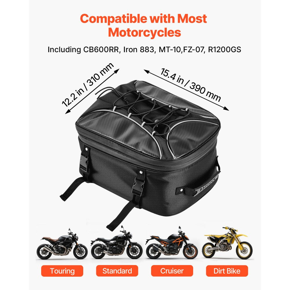 VEVOR Motorcycle Tail Bag, 22-34 L Expandable Motorcycle Rear Seat Bag with Waterproof Rain Cover, Outdoor Sports Motorbike Luggage Storage Backpack Handbag with Straps, Pocket & Elastic Cord, Black