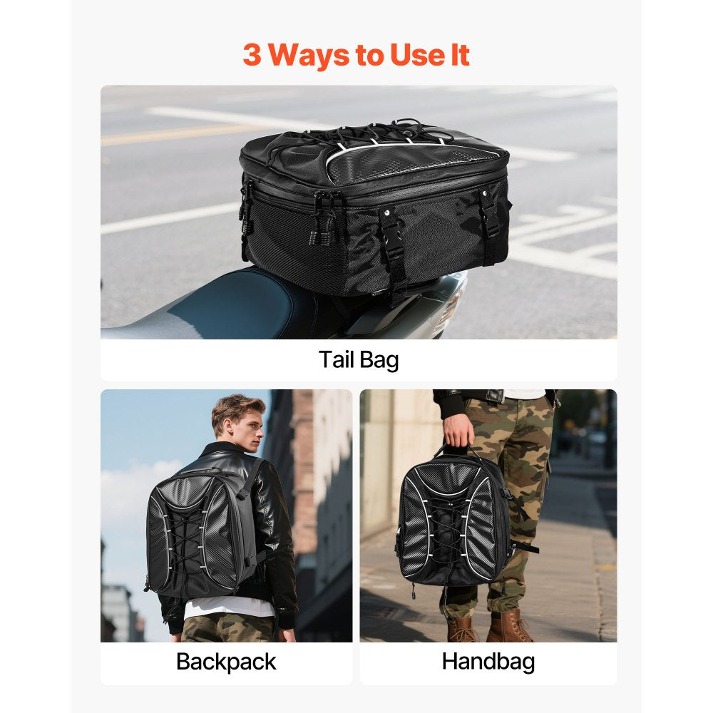 VEVOR Motorcycle Tail Bag, 22-34 L Expandable Motorcycle Rear Seat Bag with Waterproof Rain Cover, Outdoor Sports Motorbike Luggage Storage Backpack Handbag with Straps, Pocket & Elastic Cord, Black