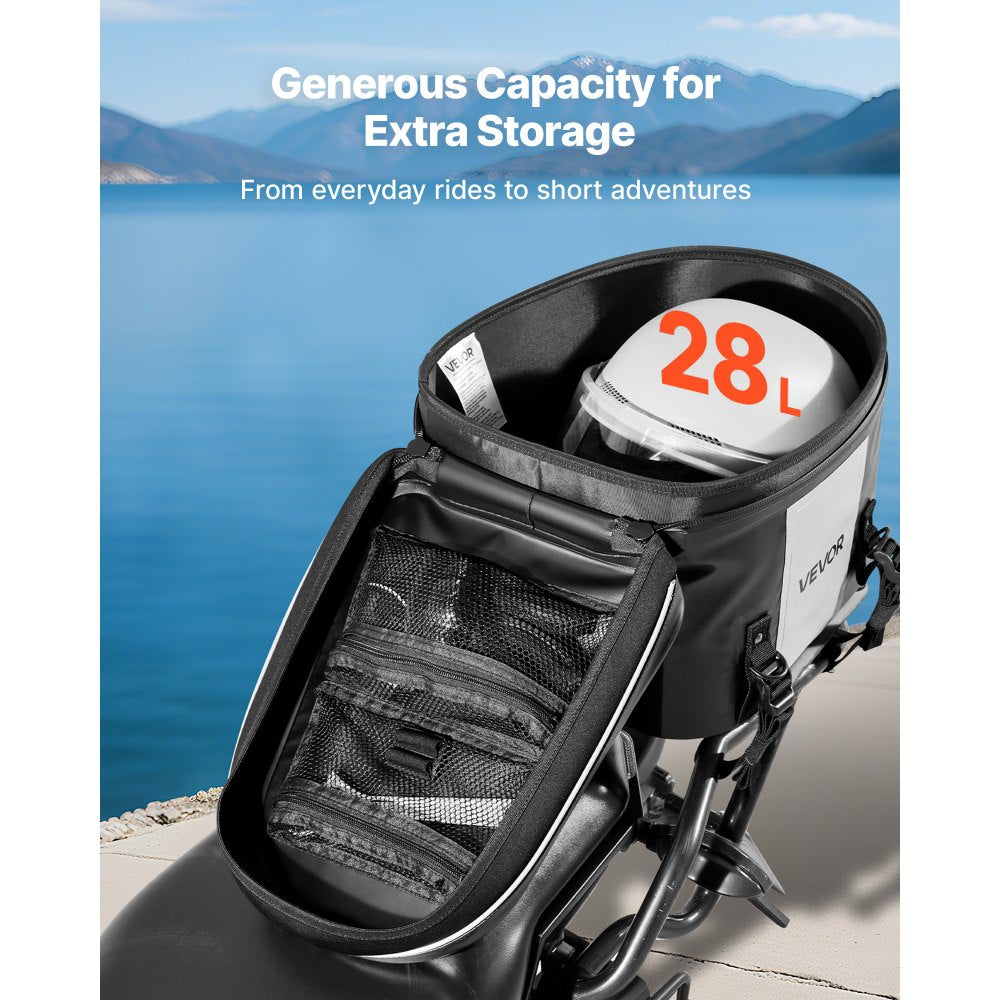 VEVOR Motorcycle Tail Bag, 28 L Motorcycle Rear Seat Bag with Waterproof Fabric, Outdoor Sports Motorbike Luggage Storage Trunk Handbag with Pocket & Adjustable Buckle, Universal Fit Rear Racks, Black