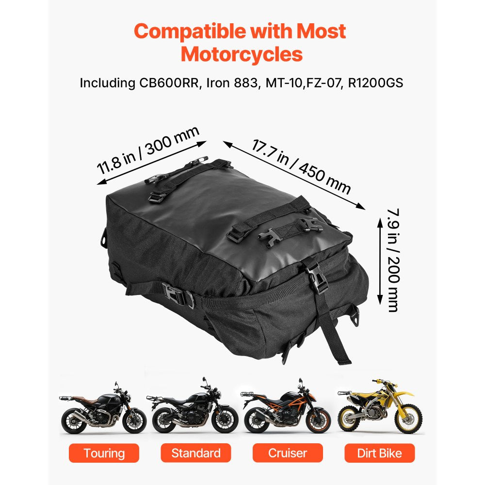 VEVOR Motorcycle Tail Bag, 30 L Motorcycle Rear Seat Bag with Waterproof Rain Cover, Outdoor Sports Motorbike Luggage Storage Trunk Rack Backpack with Shoulder Straps, Universal Fit Rear Racks, Black