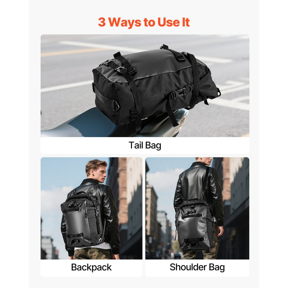 VEVOR Motorcycle Tail Bag, 30 L Motorcycle Rear Seat Bag with Waterproof Rain Cover, Outdoor Sports Motorbike Luggage Storage Trunk Rack Backpack with Shoulder Straps, Universal Fit Rear Racks, Black