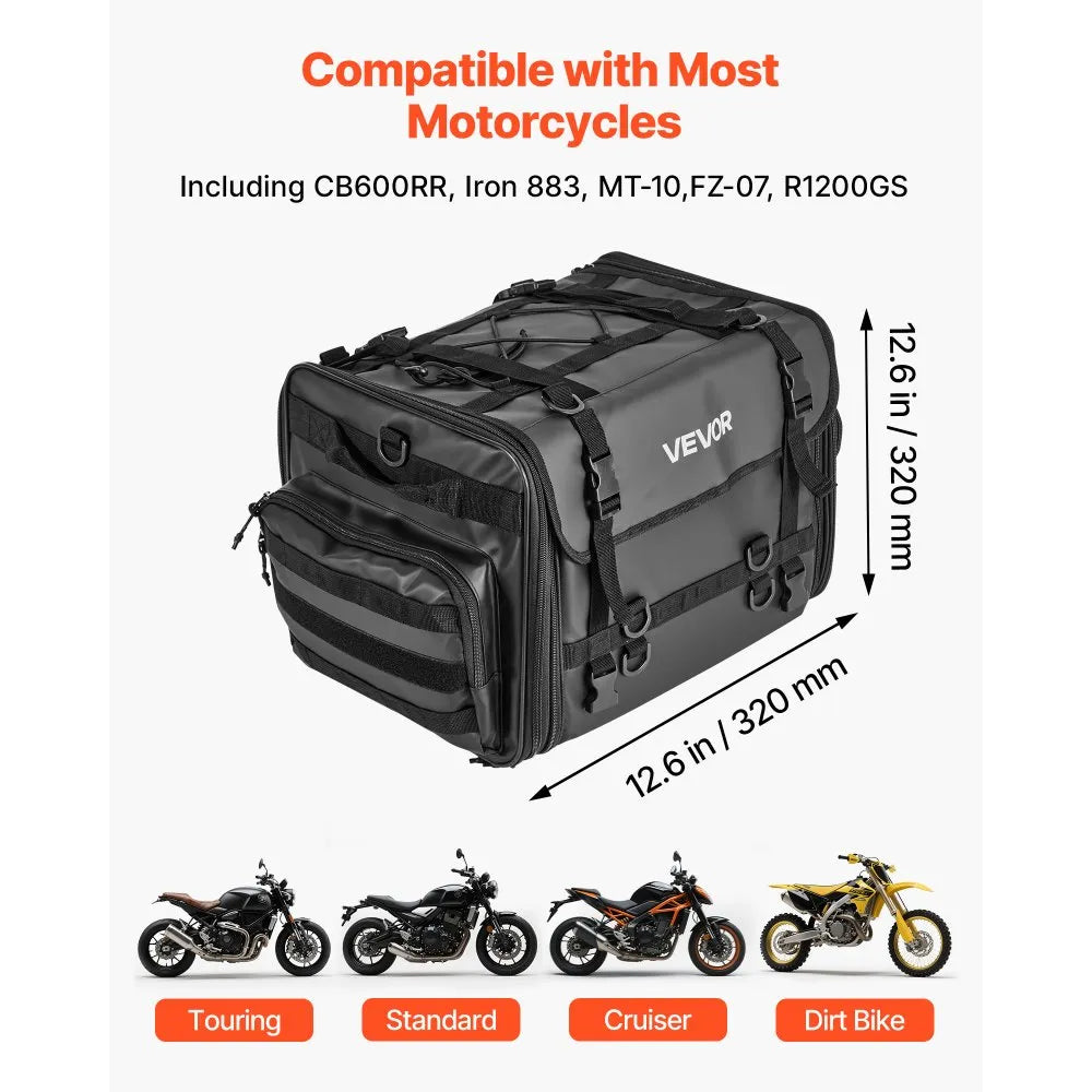 VEVOR Motorcycle Tail Bag, 40-60 L Expandable Motorcycle Rear Seat Bag with Waterproof Rain Cover, Foldable Outdoor Sports Motorbike Luggage Storage with Shoulder Straps, Pocket & Elastic Cord, Black