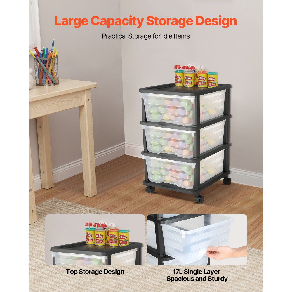 VEVOR Plastic Storage Drawers Cart, 3 Drawers Storage Organizer with Wheels, Rolling Closet Organization and Storage Dividers, Dresser Organizer Clear Bins for Office Supplies, Craft Rooms, Classrooms