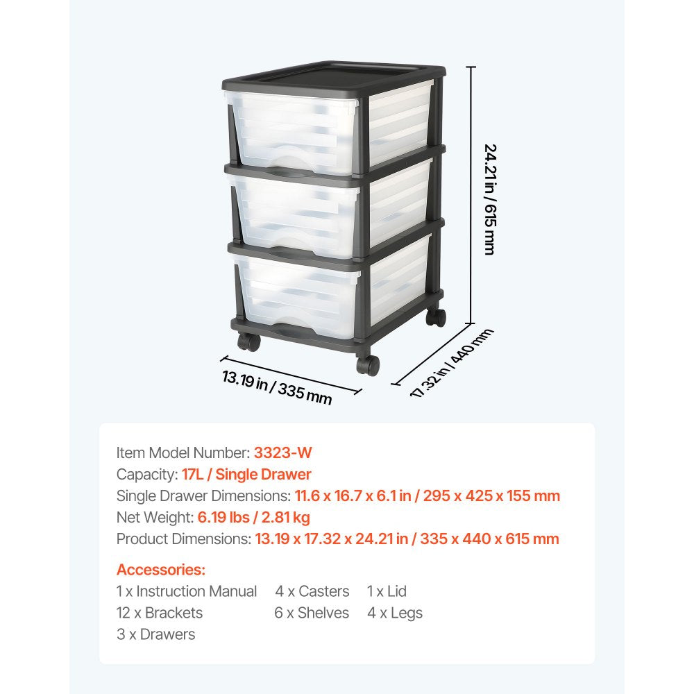 VEVOR Plastic Storage Drawers Cart, 3 Drawers Storage Organizer with Wheels, Rolling Closet Organization and Storage Dividers, Dresser Organizer Clear Bins for Office Supplies, Craft Rooms, Classrooms