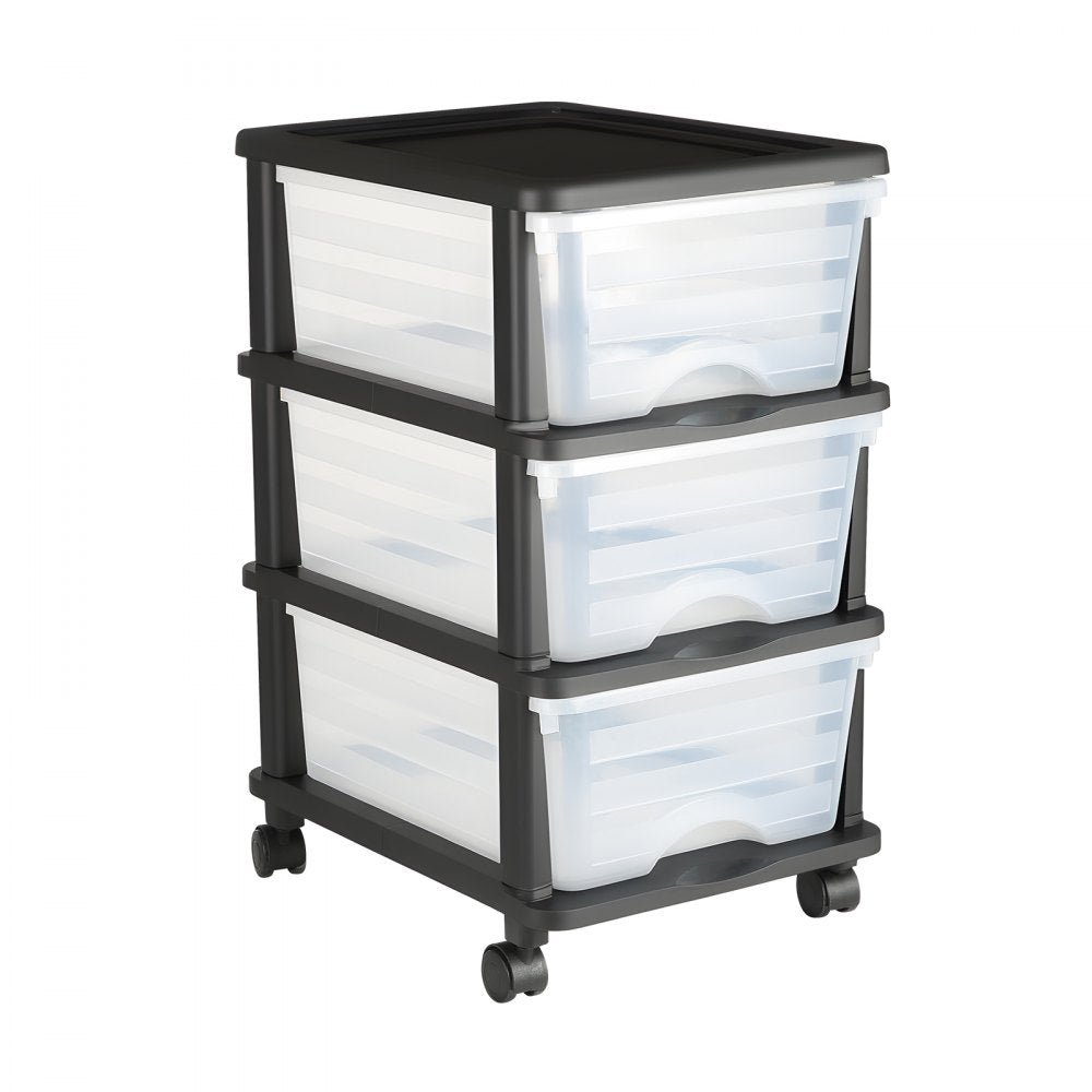 VEVOR Plastic Storage Drawers Cart, 3 Drawers Storage Organizer with Wheels, Rolling Closet Organization and Storage Dividers, Dresser Organizer Clear Bins for Office Supplies, Craft Rooms, Classrooms