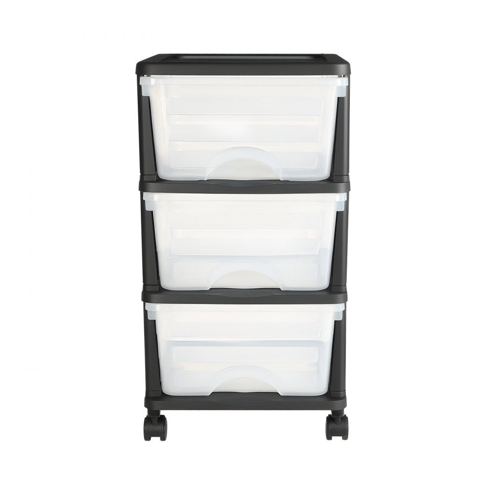 VEVOR Plastic Storage Drawers Cart, 3 Drawers Storage Organizer with Wheels, Rolling Closet Organization and Storage Dividers, Dresser Organizer Clear Bins for Office Supplies, Craft Rooms, Classrooms