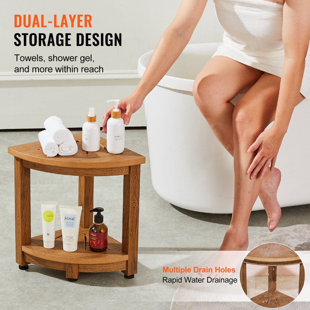 VEVOR Corner Shower Bench, 16.5" Height 12.8" Radius, Faux Wood Grain Polystyrene, 350 LBS with Storage Shelf, Water Resistant, Shower Stool for Inside & Outside Shower, for Bathroom, Living Room