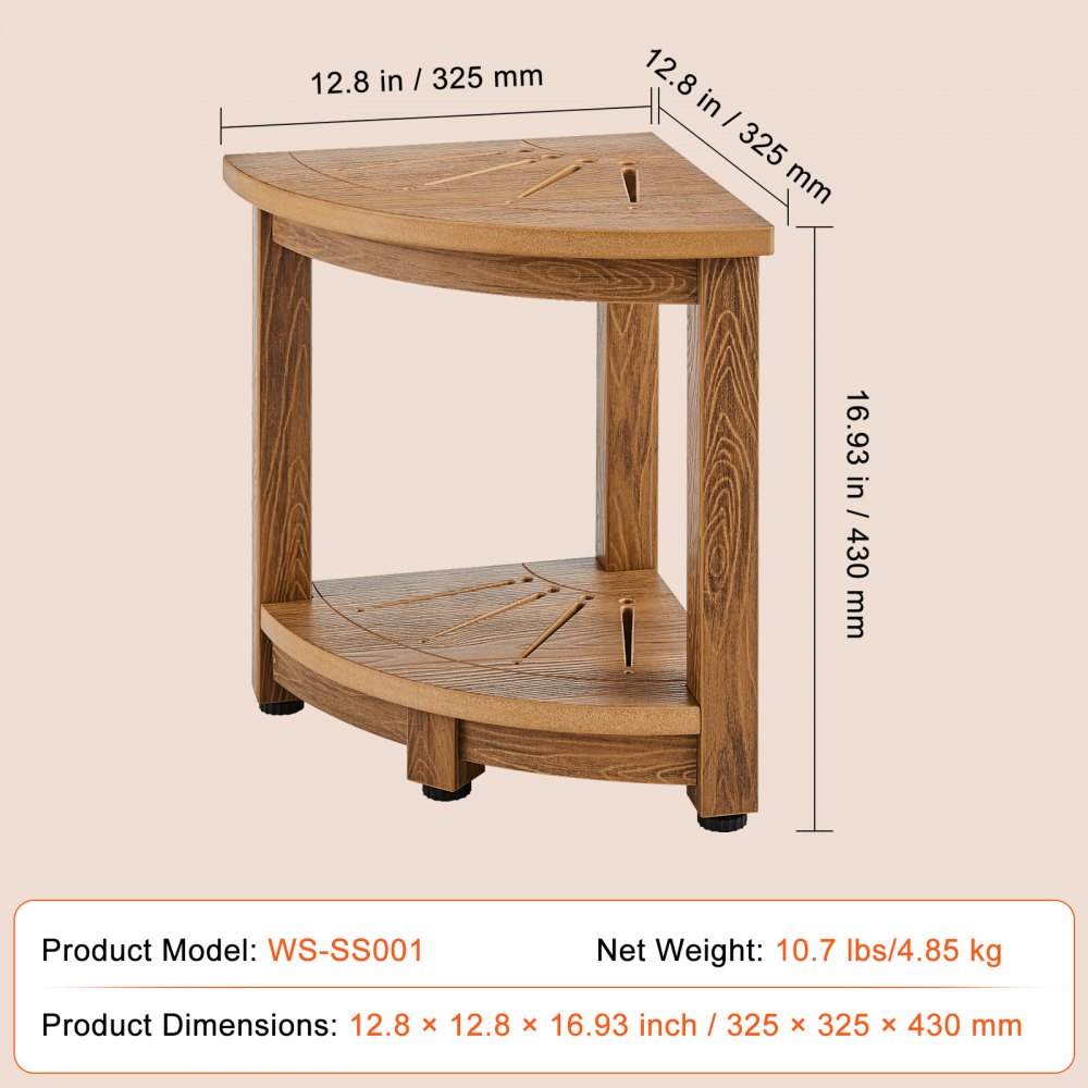 VEVOR Corner Shower Bench, 16.5" Height 12.8" Radius, Faux Wood Grain Polystyrene, 350 LBS with Storage Shelf, Water Resistant, Shower Stool for Inside & Outside Shower, for Bathroom, Living Room