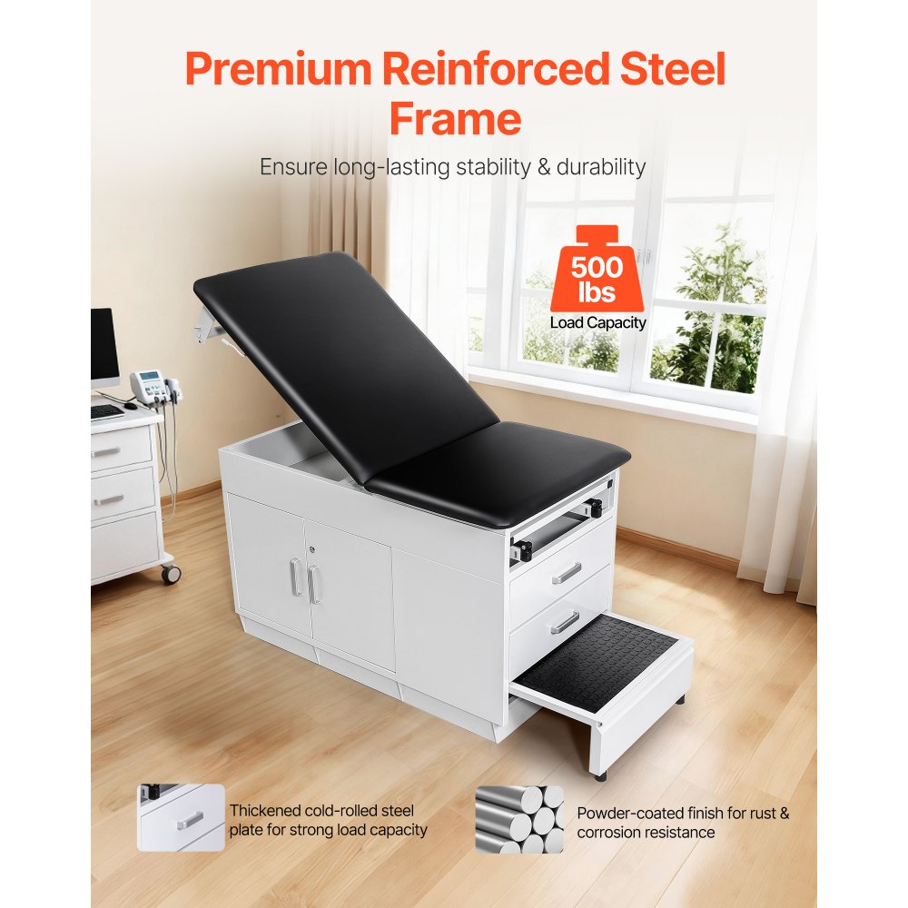 VEVOR Pro Medical Exam Table, Medical Examination Bed with Adjustable Backrest, Physical Therapy Exam Table with Locking Cabinet, 2 Drawers, Paper Roll Dispenser, Step Stool & Leg Rest, 500LBS Loading