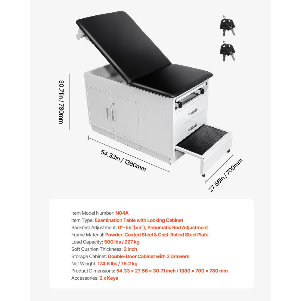 VEVOR Pro Medical Exam Table, Medical Examination Bed with Adjustable Backrest, Physical Therapy Exam Table with Locking Cabinet, 2 Drawers, Paper Roll Dispenser, Step Stool & Leg Rest, 500LBS Loading