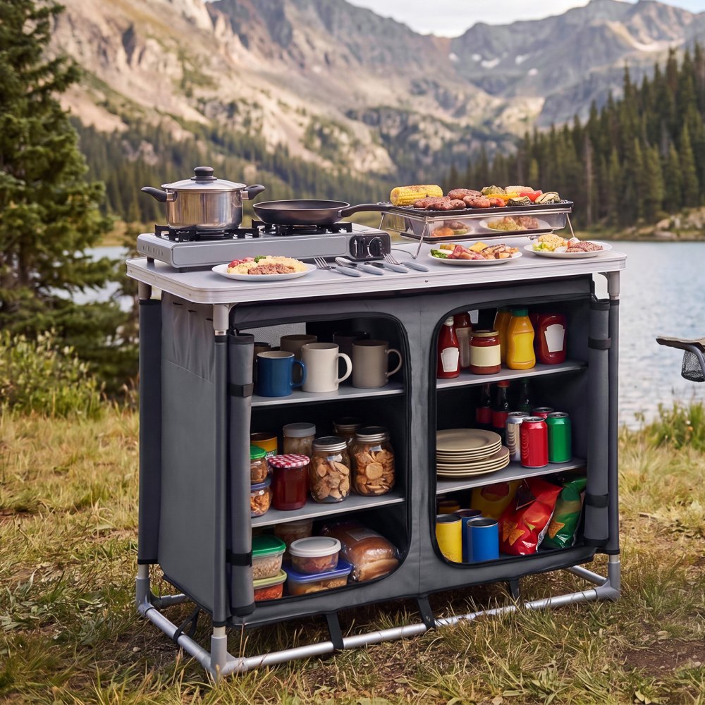 VEVOR Camping Storage Cabinet, Outdoor Portable Aluminum Lightweight Table, Quick Set-up Compact Kitchen Cook Station, with 6 Shelves and Carry Bag, for Picnic, BBQ, Party, Camping, RV Traveling