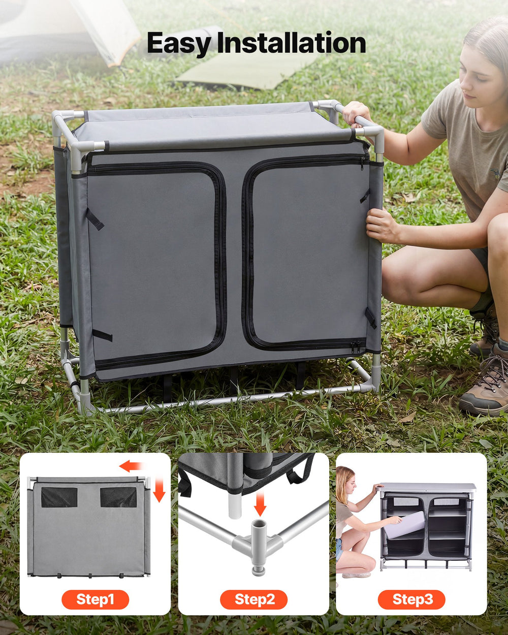 VEVOR Camping Storage Cabinet, Outdoor Portable Aluminum Lightweight Table, Quick Set-up Compact Kitchen Cook Station, with 6 Shelves and Carry Bag, for Picnic, BBQ, Party, Camping, RV Traveling