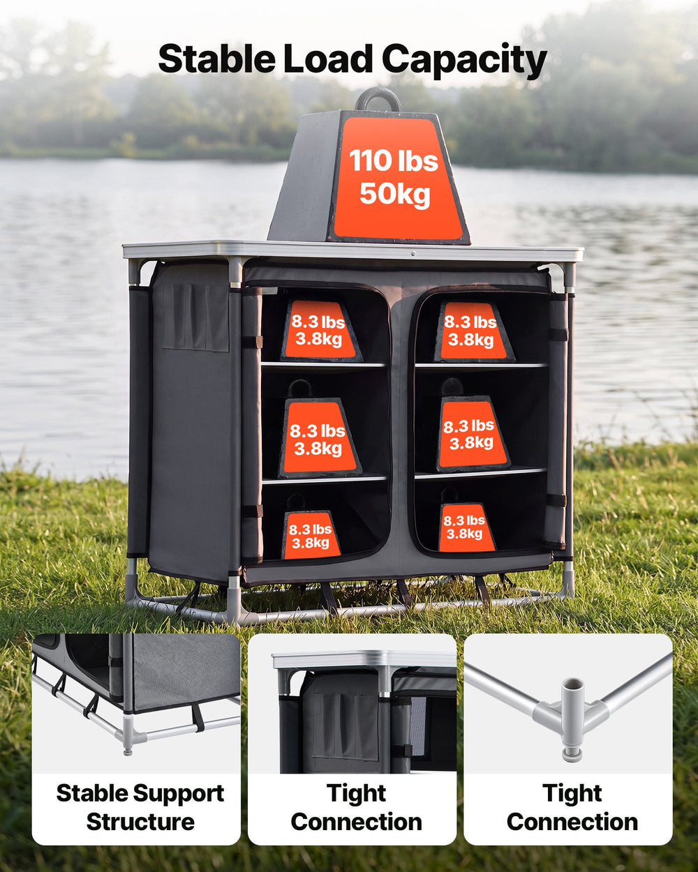 VEVOR Camping Storage Cabinet, Outdoor Portable Aluminum Lightweight Table, Quick Set-up Compact Kitchen Cook Station, with 6 Shelves and Carry Bag, for Picnic, BBQ, Party, Camping, RV Traveling