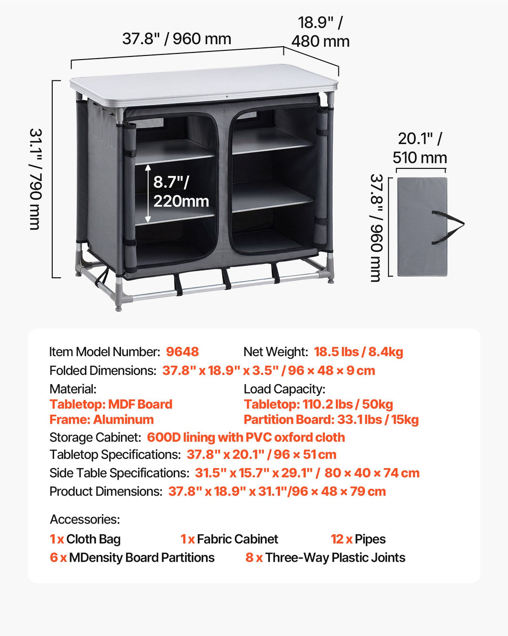 VEVOR Camping Storage Cabinet, Outdoor Portable Aluminum Lightweight Table, Quick Set-up Compact Kitchen Cook Station, with 6 Shelves and Carry Bag, for Picnic, BBQ, Party, Camping, RV Traveling