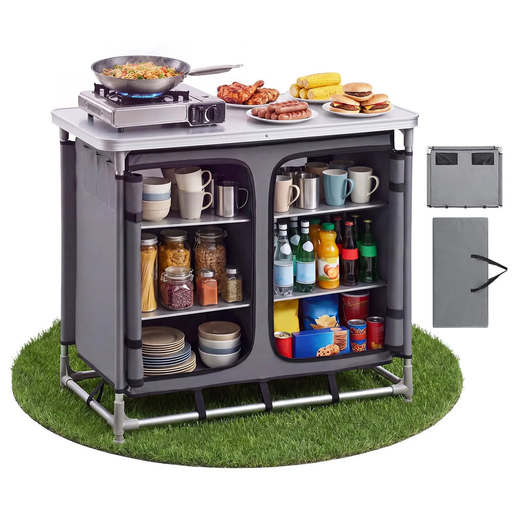 VEVOR Camping Storage Cabinet, Outdoor Portable Aluminum Lightweight Table, Quick Set-up Compact Kitchen Cook Station, with 6 Shelves and Carry Bag, for Picnic, BBQ, Party, Camping, RV Traveling