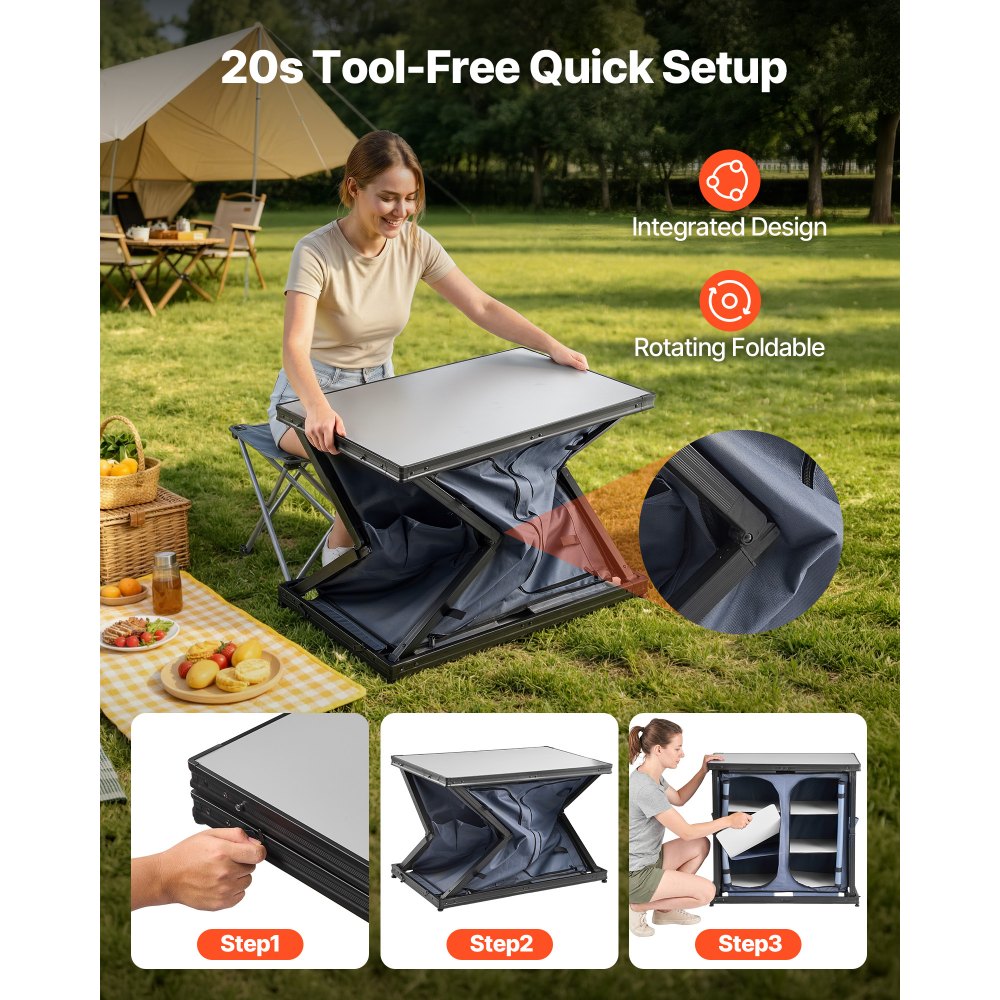 VEVOR Folding Camping Storage Cabinet, Outdoor Portable Aluminum Lightweight Table, Quick Set-up Compact Kitchen Cook Station, with 6 Shelves and Carry Bag, for Picnic, BBQ, Camping, RV Traveling
