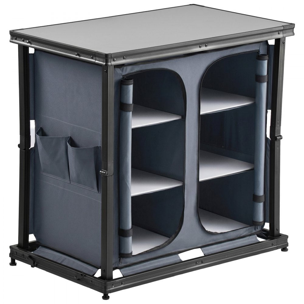 VEVOR Folding Camping Storage Cabinet, Outdoor Portable Aluminum Lightweight Table, Quick Set-up Compact Kitchen Cook Station, with 6 Shelves and Carry Bag, for Picnic, BBQ, Camping, RV Traveling