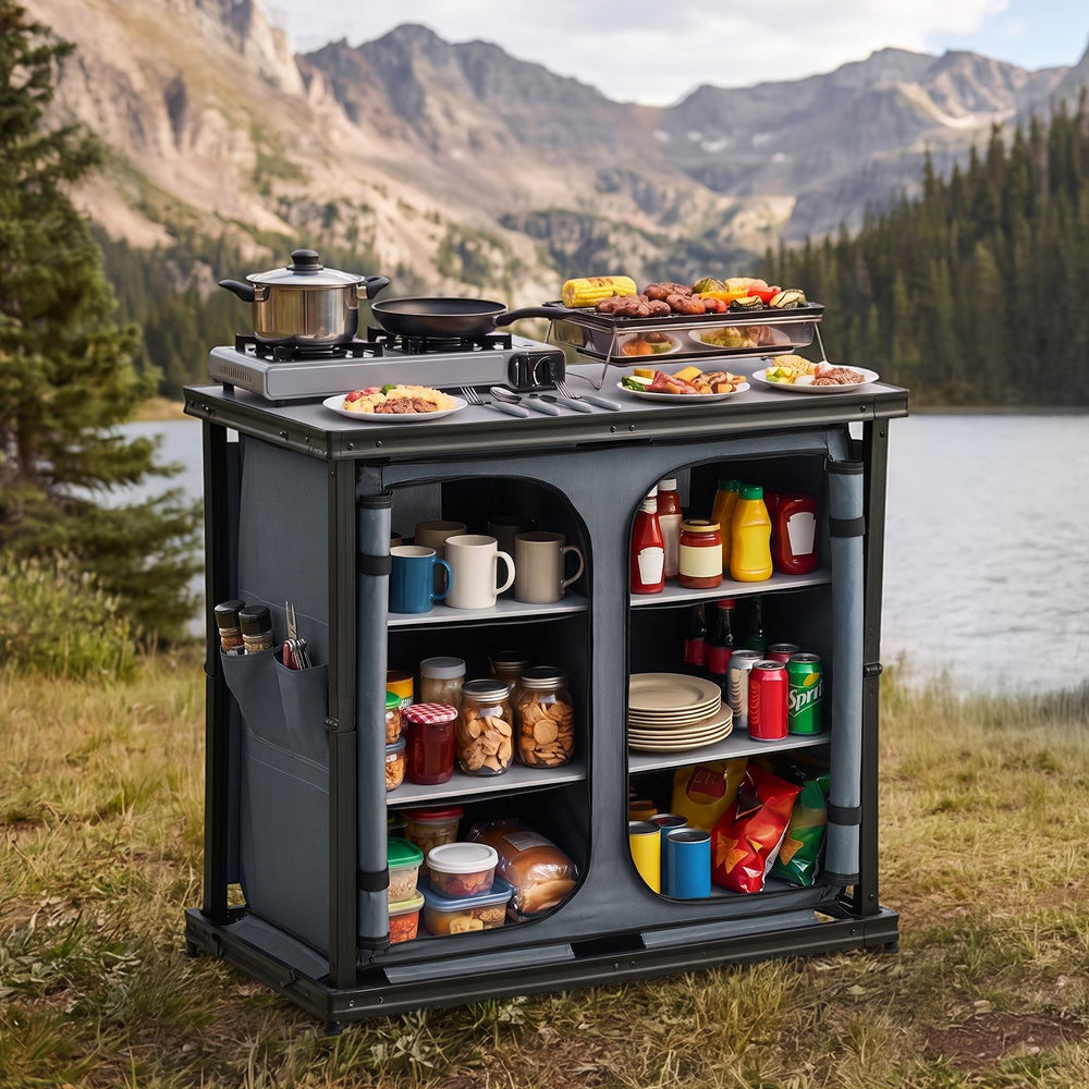 VEVOR Folding Camping Storage Cabinet, Outdoor Portable Aluminum Lightweight Table, Quick Set-up Compact Kitchen Cook Station, with 6 Shelves and Carry Bag, for Picnic, BBQ, Camping, RV Traveling