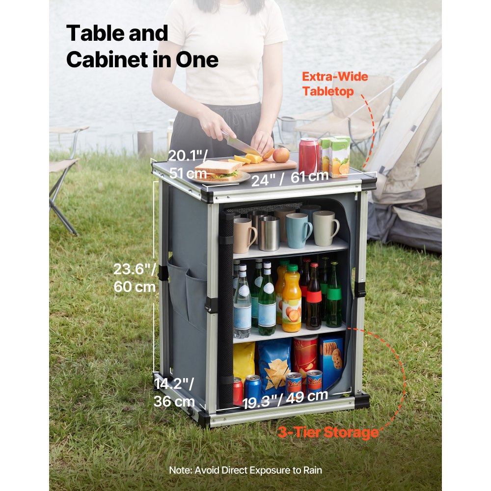 VEVOR Folding Camping Storage Cabinet, Outdoor Portable Aluminum Lightweight Table, Quick Set-up Compact Kitchen Cook Station, with 3 Shelves and Carry Bag, for Picnic, BBQ, Camping, RV Traveling