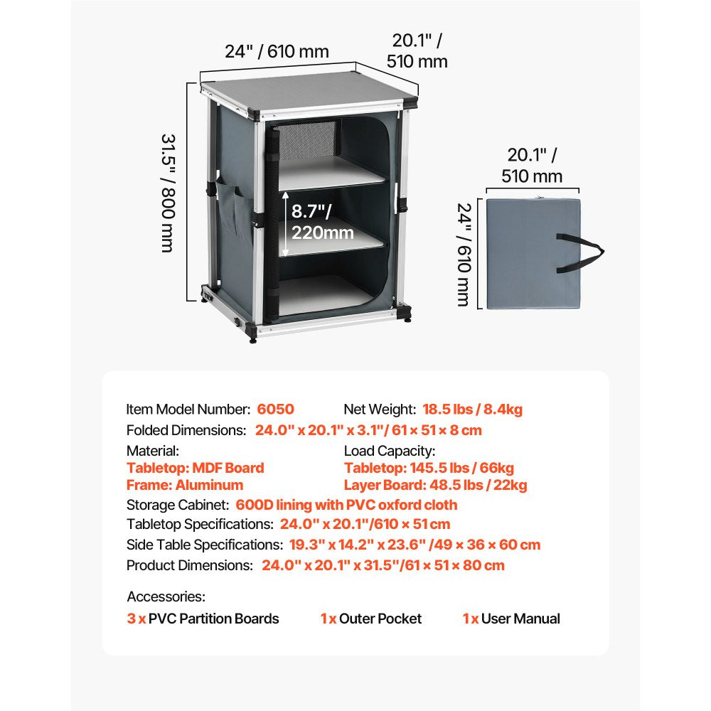 VEVOR Folding Camping Storage Cabinet, Outdoor Portable Aluminum Lightweight Table, Quick Set-up Compact Kitchen Cook Station, with 3 Shelves and Carry Bag, for Picnic, BBQ, Camping, RV Traveling