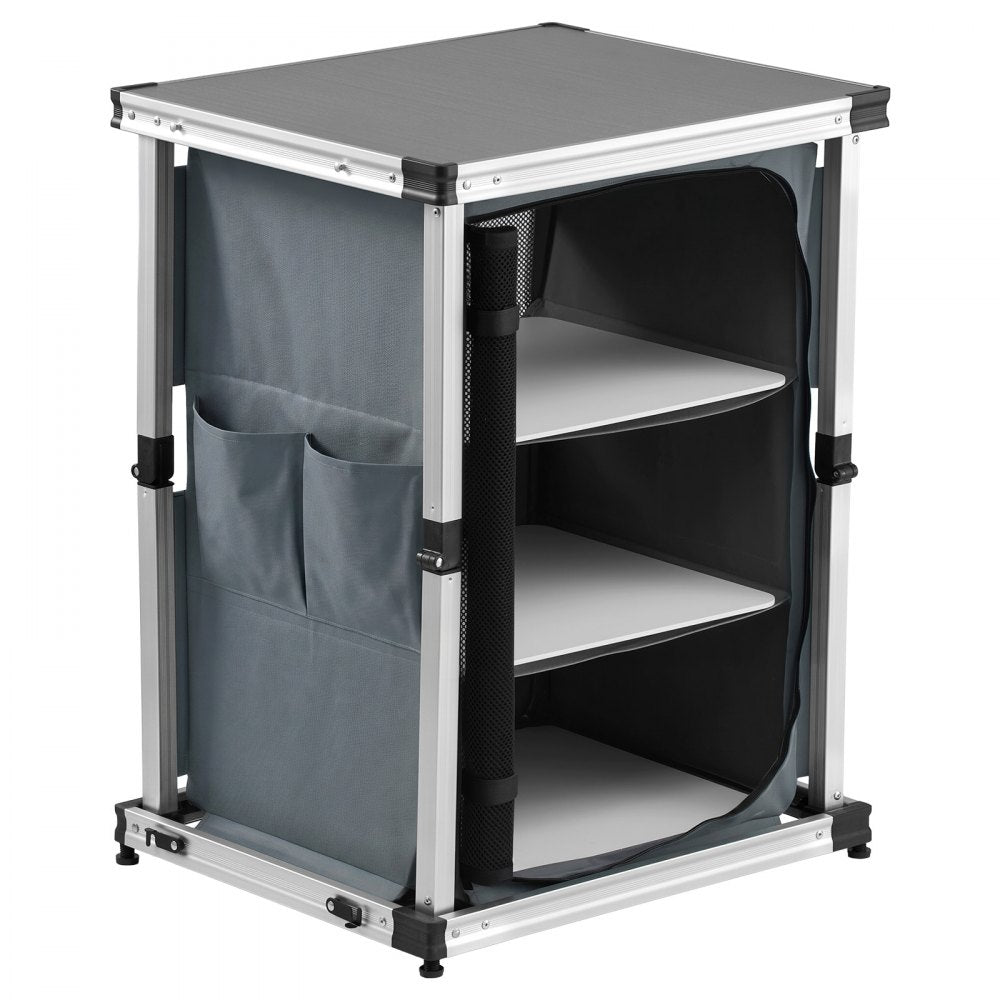 VEVOR Folding Camping Storage Cabinet, Outdoor Portable Aluminum Lightweight Table, Quick Set-up Compact Kitchen Cook Station, with 3 Shelves and Carry Bag, for Picnic, BBQ, Camping, RV Traveling