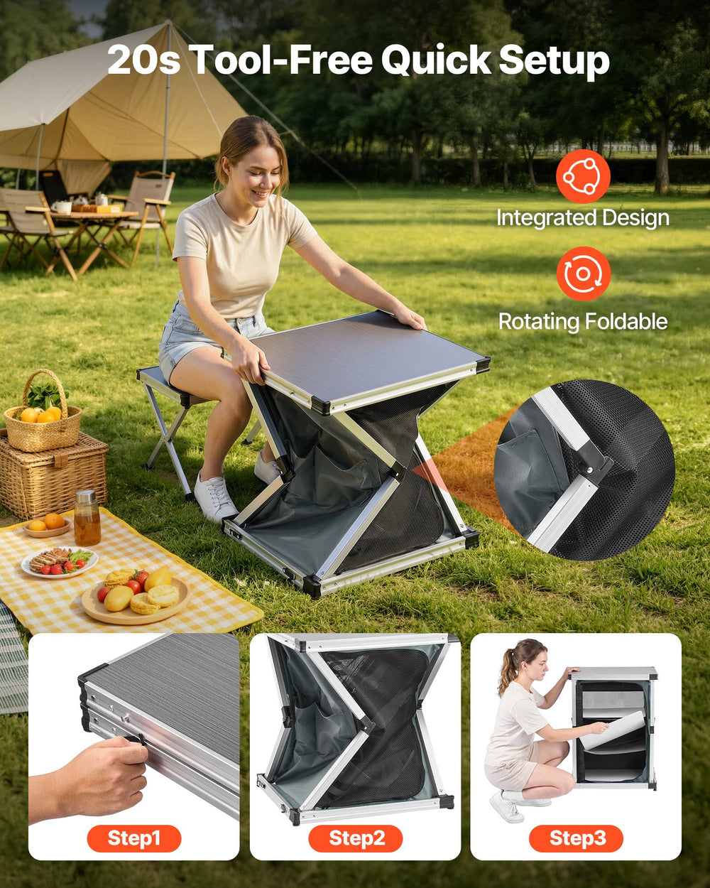 VEVOR Folding Camping Storage Cabinet, Outdoor Portable Aluminum Lightweight Table, Quick Set-up Compact Kitchen Cook Station, with 3 Shelves and Carry Bag, for Picnic, BBQ, Camping, RV Traveling