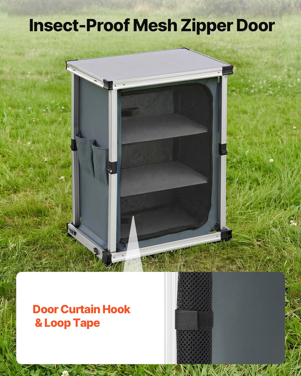 VEVOR Folding Camping Storage Cabinet, Outdoor Portable Aluminum Lightweight Table, Quick Set-up Compact Kitchen Cook Station, with 3 Shelves and Carry Bag, for Picnic, BBQ, Camping, RV Traveling