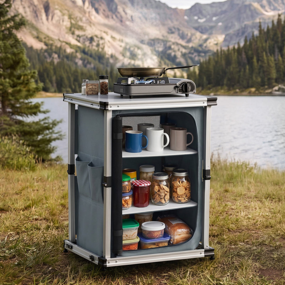 VEVOR Folding Camping Storage Cabinet, Outdoor Portable Aluminum Lightweight Table, Quick Set-up Compact Kitchen Cook Station, with 3 Shelves and Carry Bag, for Picnic, BBQ, Camping, RV Traveling